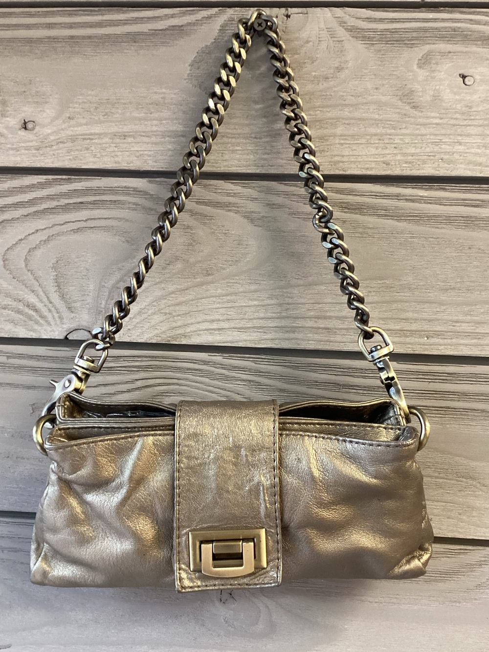 Lesa Wallace Metallic Pewter Leather Chain Shoulder Bag Clutch